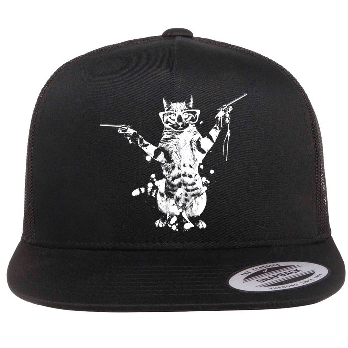 Stencil Graffiti Cat Armed With Guns Flat Bill Trucker Hat