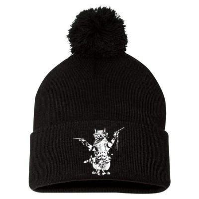 Stencil Graffiti Cat Armed With Guns Pom Pom 12in Knit Beanie