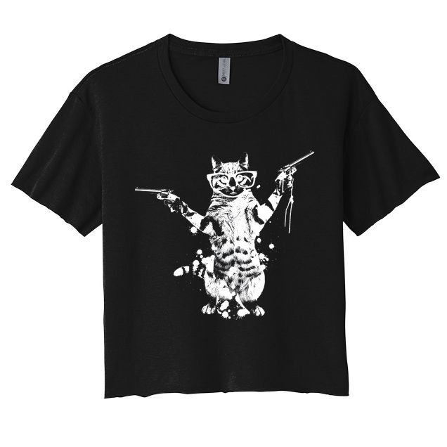 Stencil Graffiti Cat Armed With Guns Crop Top
