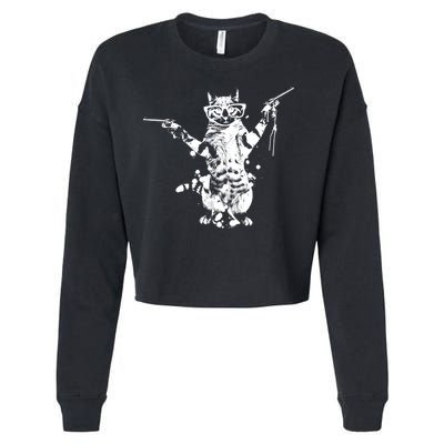 Stencil Graffiti Cat Armed With Guns Cropped Pullover Crew