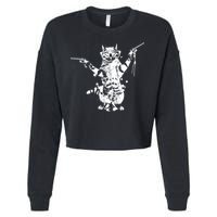 Stencil Graffiti Cat Armed With Guns Cropped Pullover Crew
