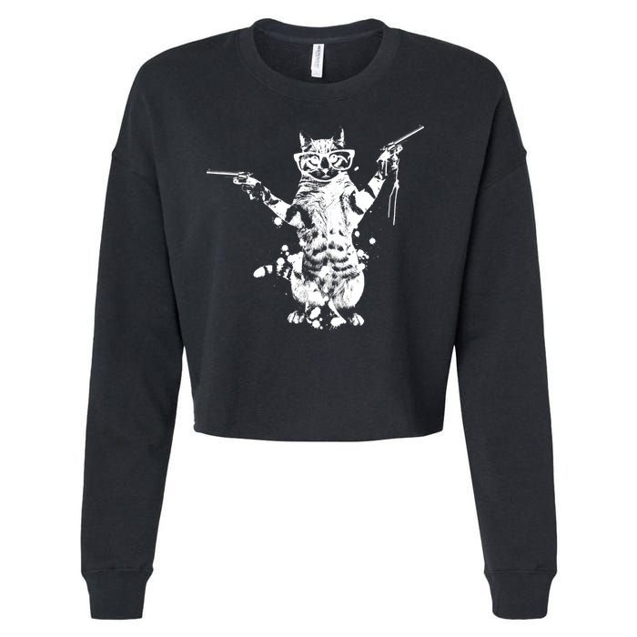 Stencil Graffiti Cat Armed With Guns Cropped Pullover Crew