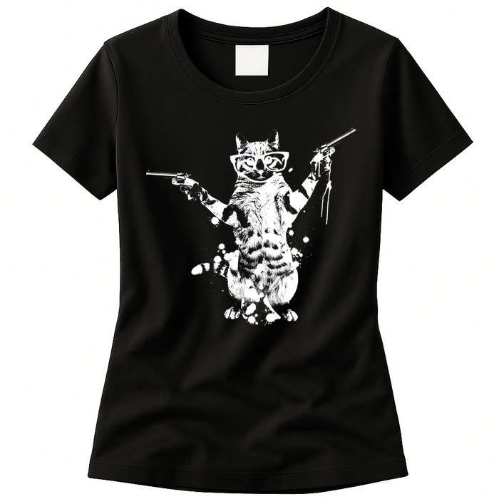 Stencil Graffiti Cat Armed With Guns Womens T-Shirt