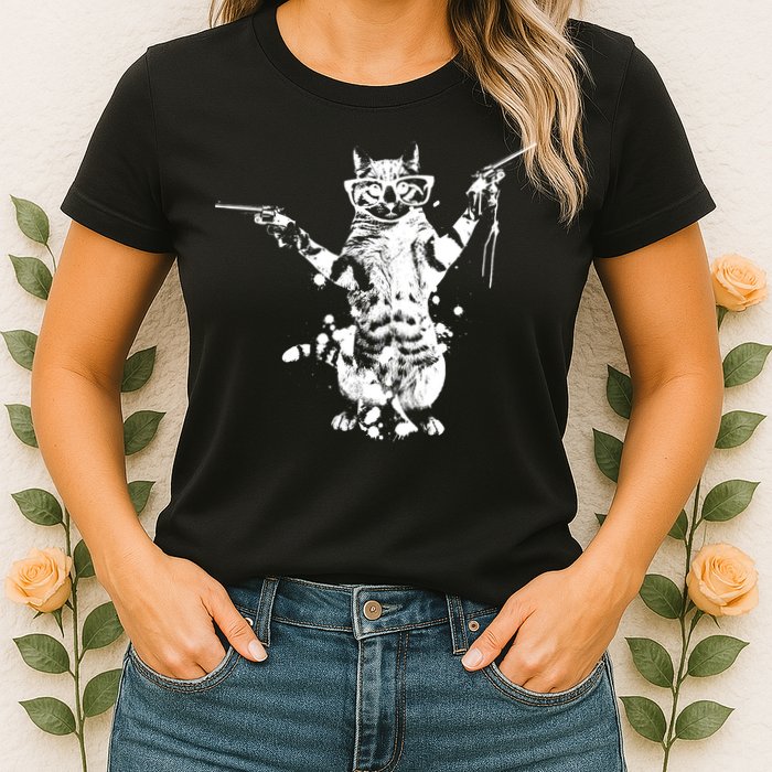 Stencil Graffiti Cat Armed With Guns Womens T-Shirt