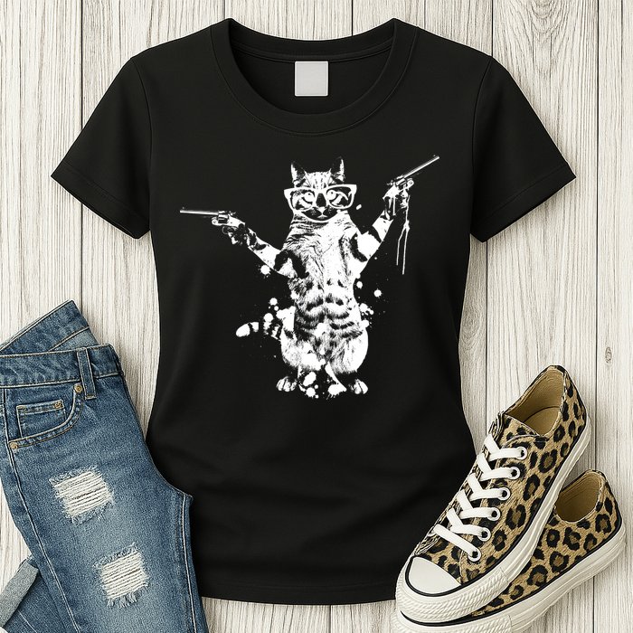 Stencil Graffiti Cat Armed With Guns Womens T-Shirt
