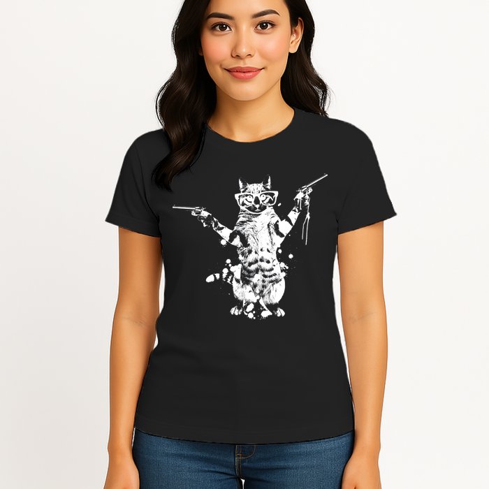 Stencil Graffiti Cat Armed With Guns Womens T-Shirt