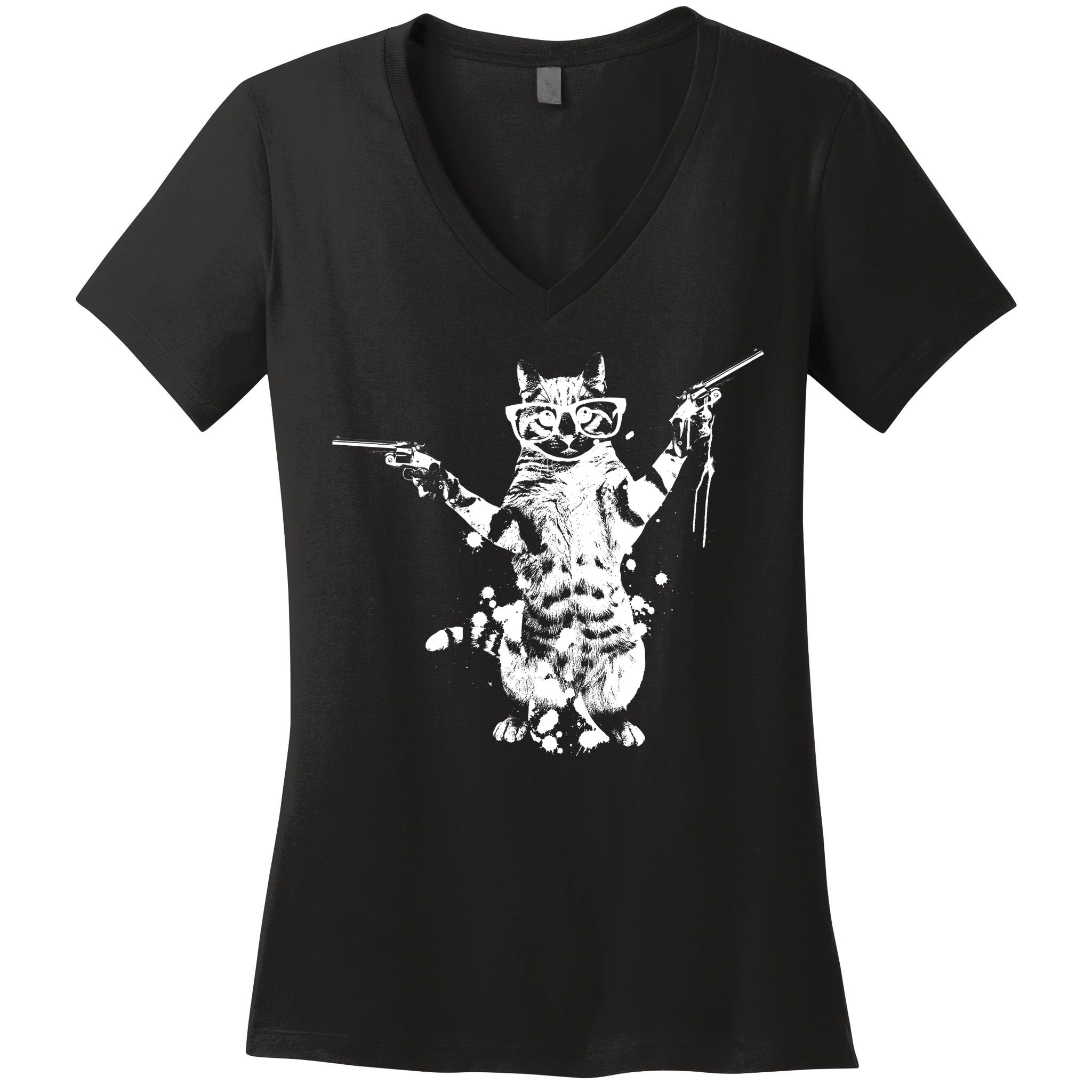 Stencil Graffiti Cat Armed With Guns Women's V-Neck T-Shirt
