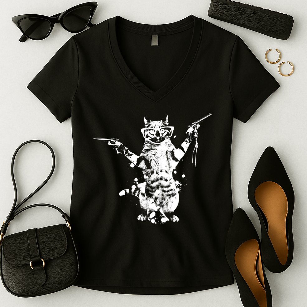 Stencil Graffiti Cat Armed With Guns Women's V-Neck T-Shirt