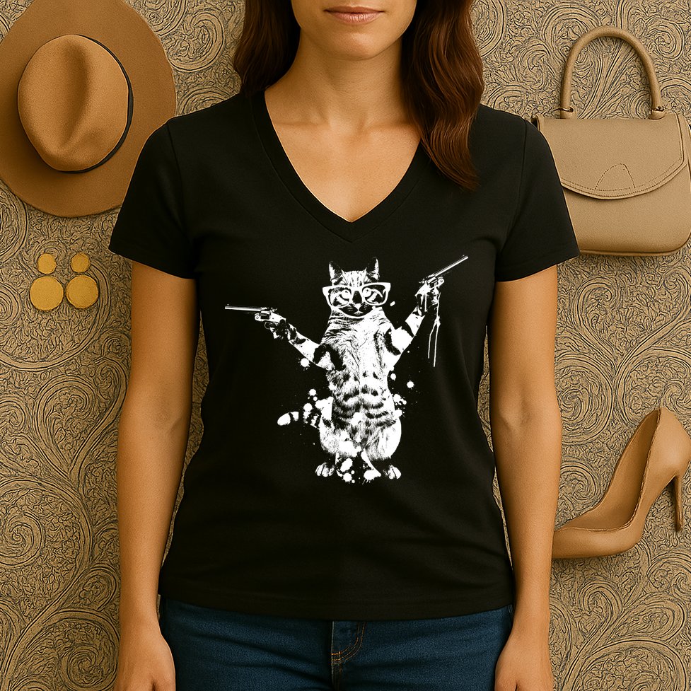 Stencil Graffiti Cat Armed With Guns Women's V-Neck T-Shirt