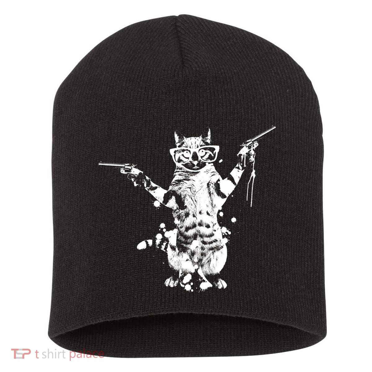 Stencil Graffiti Cat Armed With Guns Short Acrylic Beanie