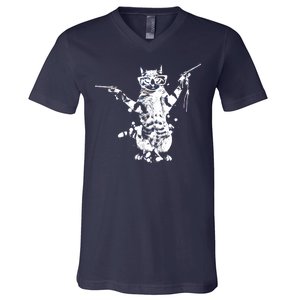 Stencil Graffiti Cat Armed With Guns V-Neck T-Shirt