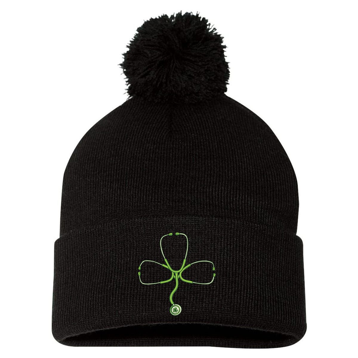 Stethoscope Clover Pom Pom 12in Knit Beanie