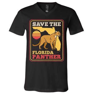 Save The Florida Panther Retro Wildlife Cougar V-Neck T-Shirt