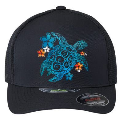 Sea Turtle Floral Tropical Pattern Flexfit Unipanel Trucker Cap