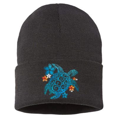Sea Turtle Floral Tropical Pattern Sustainable Knit Beanie