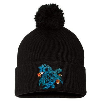 Sea Turtle Floral Tropical Pattern Pom Pom 12in Knit Beanie