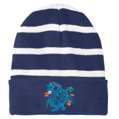 Sea Turtle Floral Tropical Pattern Striped Beanie with Solid Band