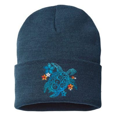 Sea Turtle Floral Tropical Pattern Sustainable Knit Beanie