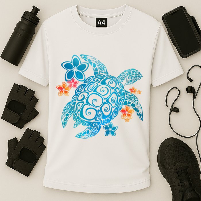 Sea Turtle Floral Tropical Pattern Cooling Performance Crew T-Shirt