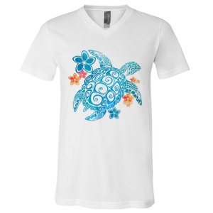 Sea Turtle Floral Tropical Pattern V-Neck T-Shirt