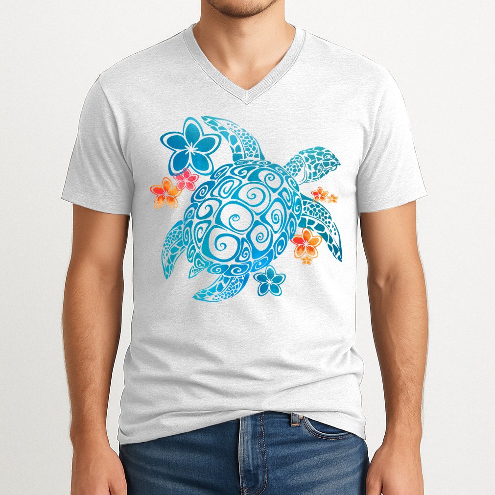 Sea Turtle Floral Tropical Pattern V-Neck T-Shirt