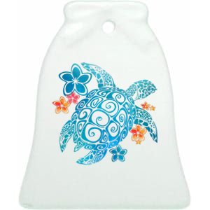 Sea Turtle Floral Tropical Pattern Ceramic Bell Ornament