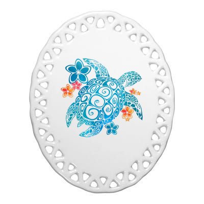 Sea Turtle Floral Tropical Pattern Ceramic Oval Ornament