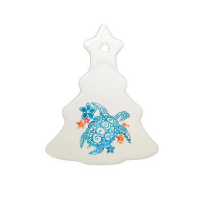 Sea Turtle Floral Tropical Pattern Ceramic Tree Ornament