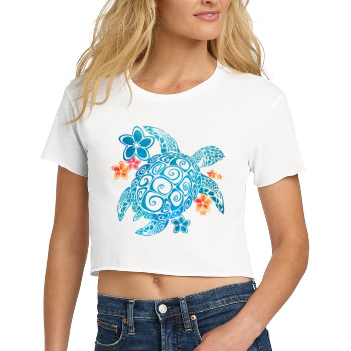 Sea Turtle Floral Tropical Pattern Women's Crop Top Tee