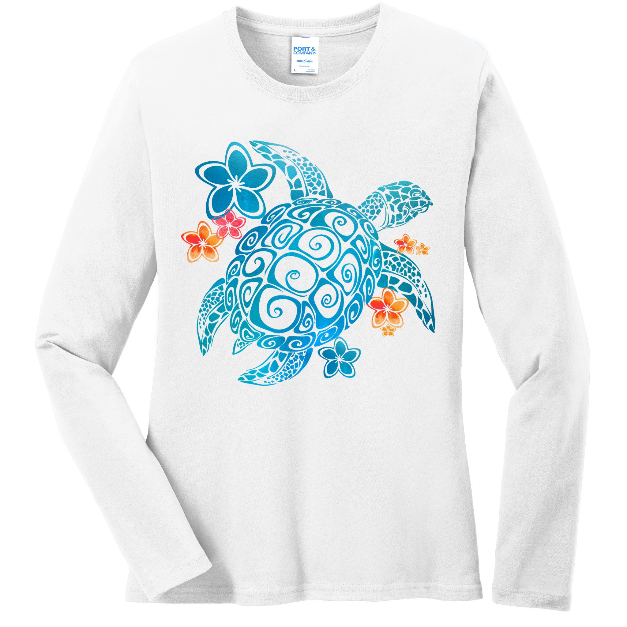 Sea Turtle Floral Tropical Pattern Ladies Long Sleeve Shirt