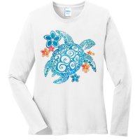 Sea Turtle Floral Tropical Pattern Ladies Long Sleeve Shirt