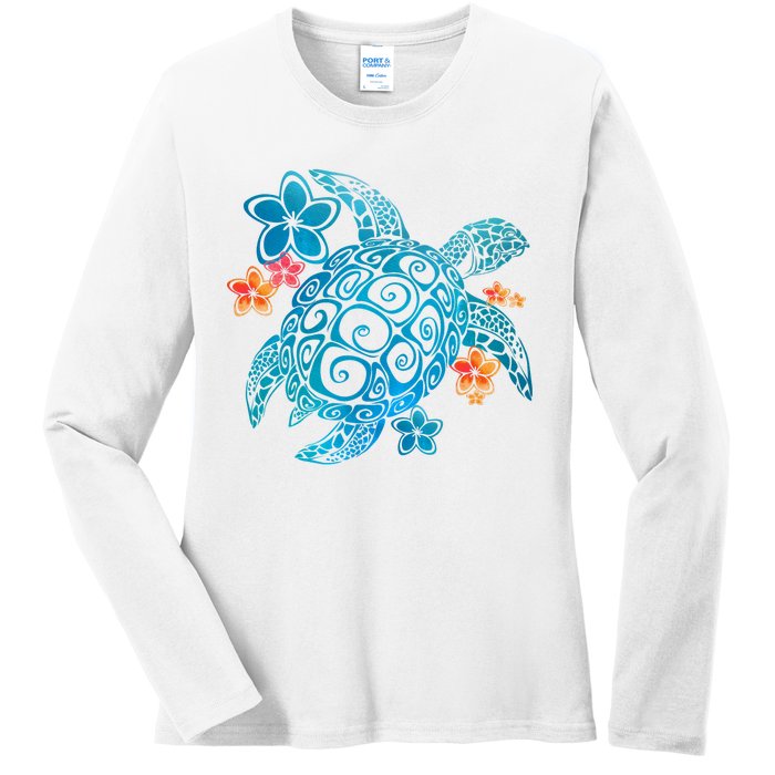 Sea Turtle Floral Tropical Pattern Ladies Long Sleeve Shirt