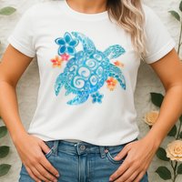 Sea Turtle Floral Tropical Pattern Womens T-Shirt