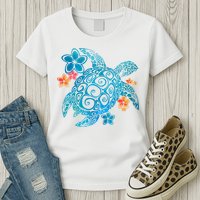 Sea Turtle Floral Tropical Pattern Womens T-Shirt