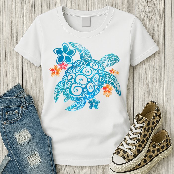 Sea Turtle Floral Tropical Pattern Womens T-Shirt