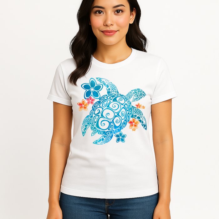 Sea Turtle Floral Tropical Pattern Womens T-Shirt