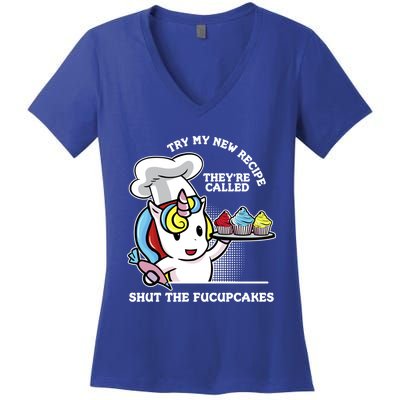 Shut The Fucupcakes Rude Unicorn Gift Design Cute Gift Women's V-Neck T-Shirt