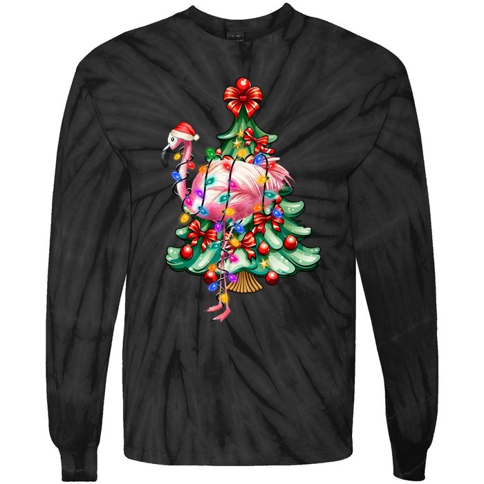 Summer Tropical Flamingo Santa Hat Christmas In July Tie-Dye Long Sleeve Shirt