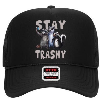 Stay Trashy Funny Raccoon Opossum Skunk Funny High Crown Mesh Back Trucker Hat