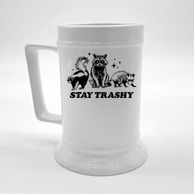 Stay Trashy Funny Raccoon Opossum Skunk Trash Panda Meme Beer Stein