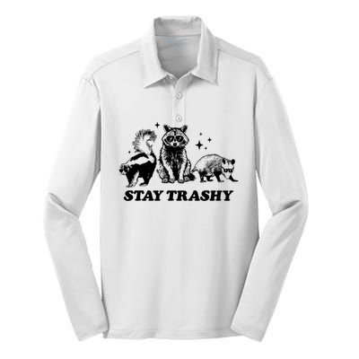 Stay Trashy Funny Raccoon Opossum Skunk Trash Panda Meme Silk Touch Performance Long Sleeve Polo