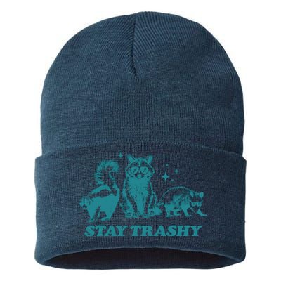 Stay Trashy Funny Raccoon Opossum Skunk Trash Panda Meme Sustainable Knit Beanie