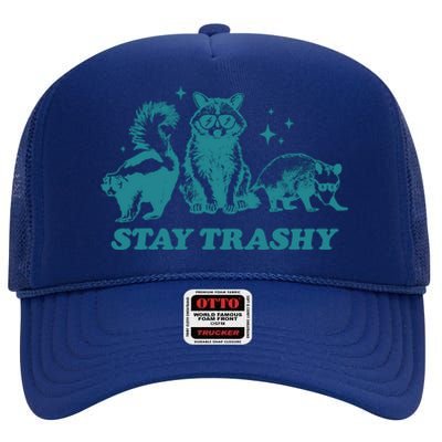 Stay Trashy Funny Raccoon Opossum Skunk Trash Panda Meme High Crown Mesh Back Trucker Hat