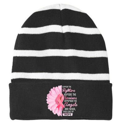 Support The Fighters Admire The Survivors Breast Cancer Striped Beanie with Solid Band