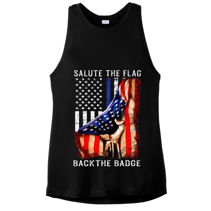 Salute The Flag Back The Badge Flag Police Hand Ladies PosiCharge Tri-Blend Wicking Tank