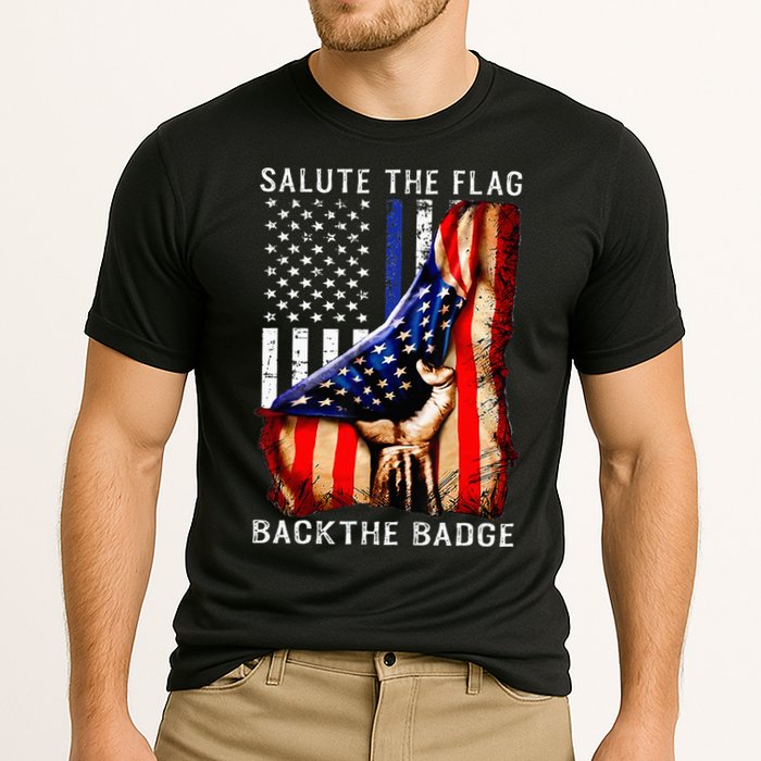 Salute The Flag Back The Badge Flag Police Hand Cooling Performance Crew T-Shirt