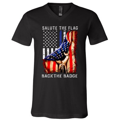 Salute The Flag Back The Badge Flag Police Hand V-Neck T-Shirt