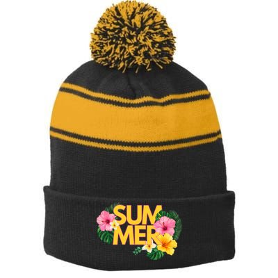 Summer Tropical Floral Stripe Pom Pom Beanie