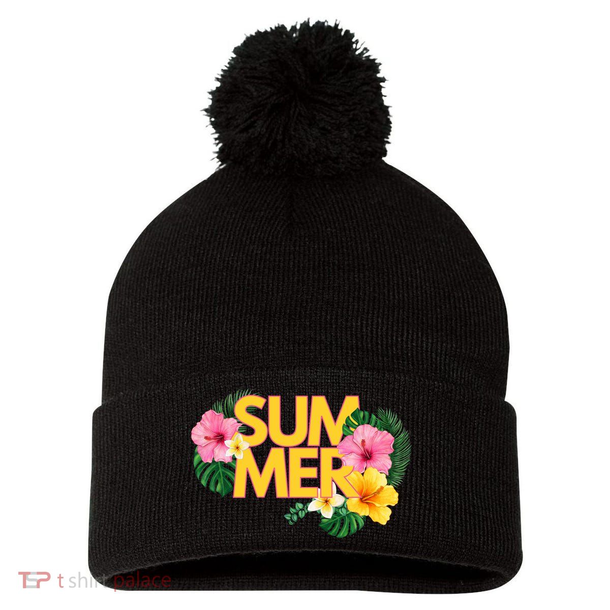 Summer Tropical Floral Pom Pom 12in Knit Beanie