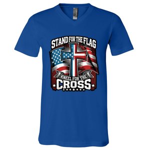 Stand The Flag And Cross Faith American Christian Cool Gift V-Neck T-Shirt